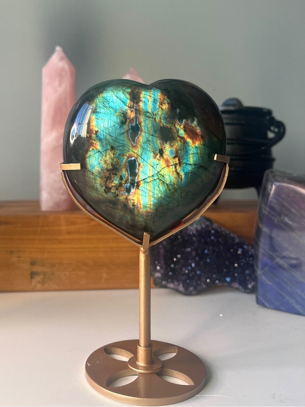 Heart-Shaped Labradorite Display on Gold Stand - Iridescent Blue-Green